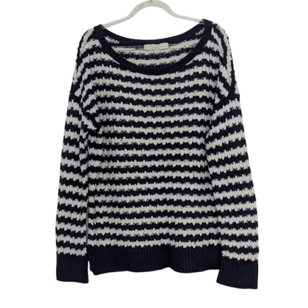 LOFT Stripe Crochet Knit Sweater Womens Size Large Blue White Nautical Casual